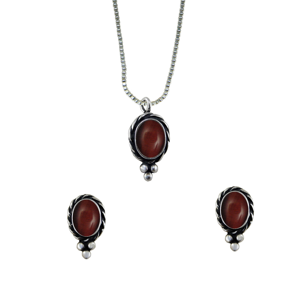 Sterling Silver Petite Necklace Earrings Set Red Tiger Eye